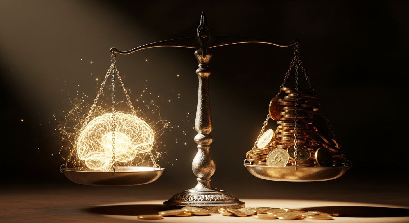 Una balanza equilibrada. En un lado, un cerebro brillante con luz que representa los beneficios. En el otro lado, una pila de monedas que representa el costo. La imagen debe ser simbólica y sugerente, no literal.