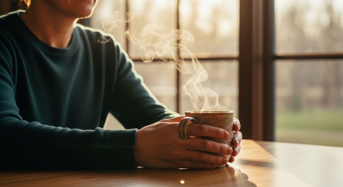 Una persona disfrutando de una taza de café junto a una ventana. La imagen está enfocada en los detalles: el vapor que sale de la taza, la textura de la cerámica, la luz del sol en la mesa. La expresión de la persona es de calma y atención plena.