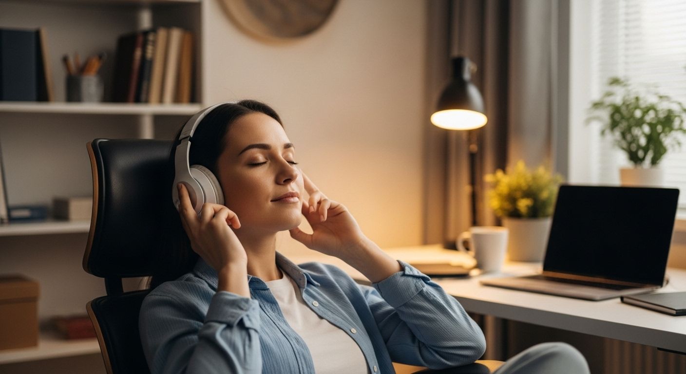 Una persona principiante sentada cómodamente en una silla con los ojos cerrados, usando auriculares, con una expresión de suave concentración. La luz es suave y acogedora, sugiriendo un ambiente de aprendizaje.