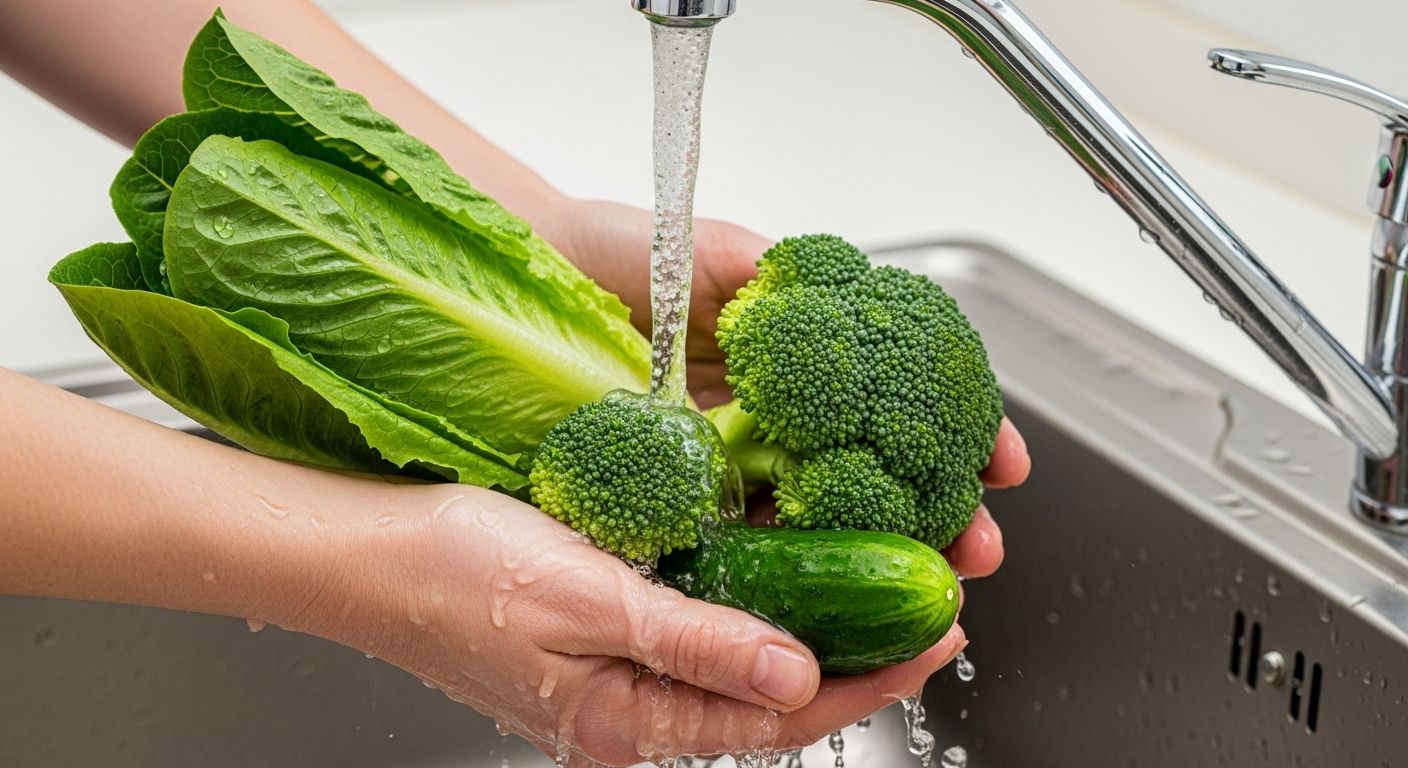 Un primer plano de unas manos lavando verduras en un fregadero con agua corriente. El enfoque está en las texturas y las gotas de agua, transmitiendo una sensación de presencia en una tarea mundana. Iluminación brillante y natural. Fotorrealista.