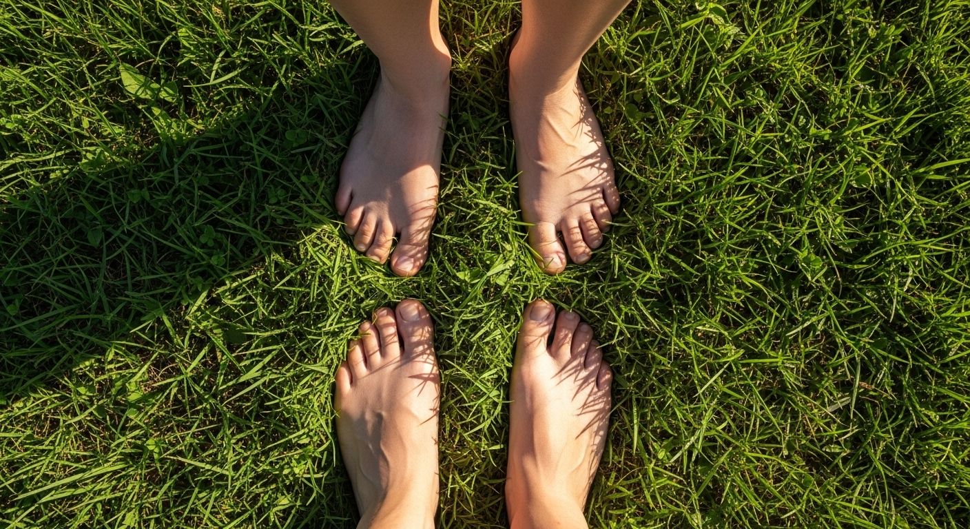 Los pies de una persona firmemente plantados en un suelo natural, como hierba o arena. La perspectiva es desde el punto de vista de la persona, mirando hacia abajo. Evoca una sensación de arraigo y conexión con la tierra. Luz suave de la tarde. Fotorrealista.