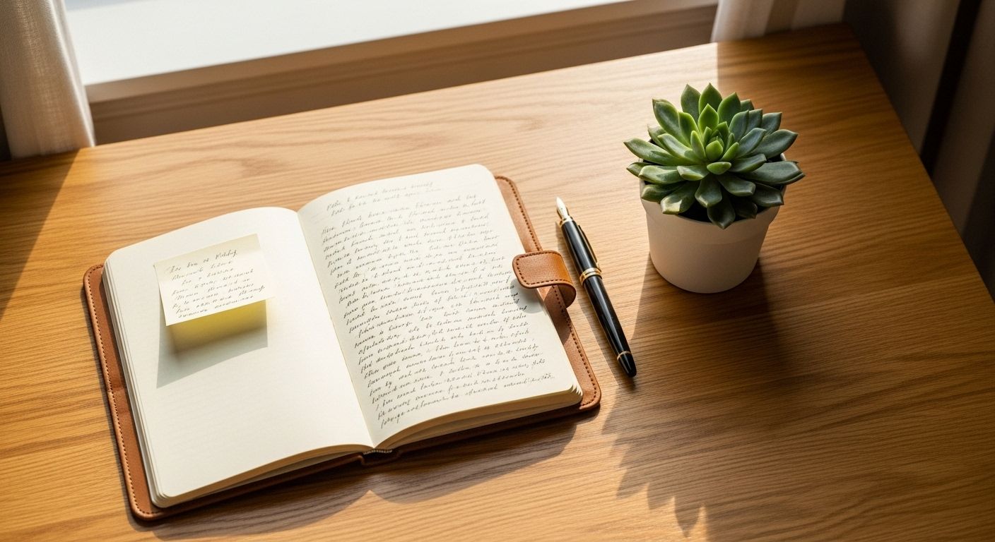 Una composición plana bellamente arreglada de un diario, un bolígrafo y una pequeña planta sobre un escritorio de madera. El diario está abierto en una página con notas manuscritas sobre gratitud. La escena es acogedora e invita a la reflexión. Iluminación cálida y suave. Fotorrealista.