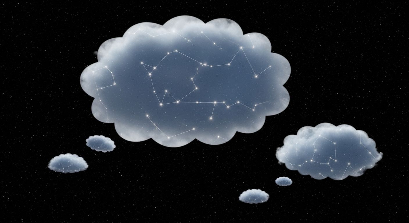 Una representación artística y abstracta de pensamientos como nubes suaves y transparentes que se desplazan pacíficamente por un cielo nocturno estrellado. El ambiente es tranquilo y desapegado.