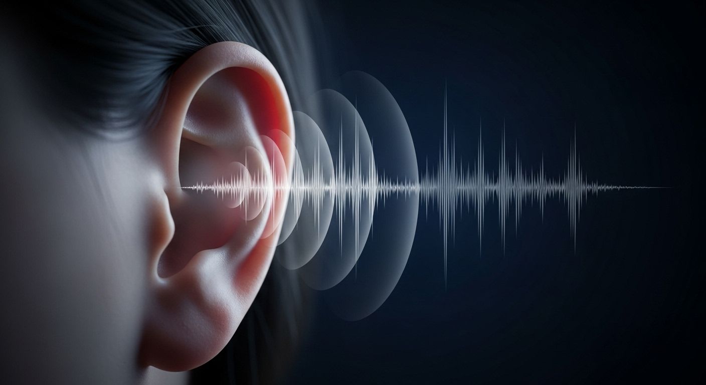 Un primer plano en enfoque suave de una oreja, con suaves ondas de sonido representadas gráficamente emanando hacia ella. El fondo es oscuro y sereno, sugiriendo una noche tranquila.