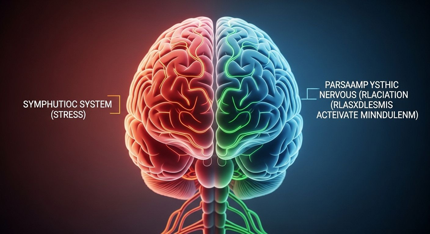 Una ilustración anatómica estilizada que muestra el cerebro y el sistema nervioso. La mitad del cerebro está iluminada con colores cálidos y activos (rojo, naranja) representando el sistema simpático (estrés), mientras que la otra mitad se ilumina con colores fríos y calmados (azul, verde) representando el sistema parasimpático (relajación) activado por el mindfulness.