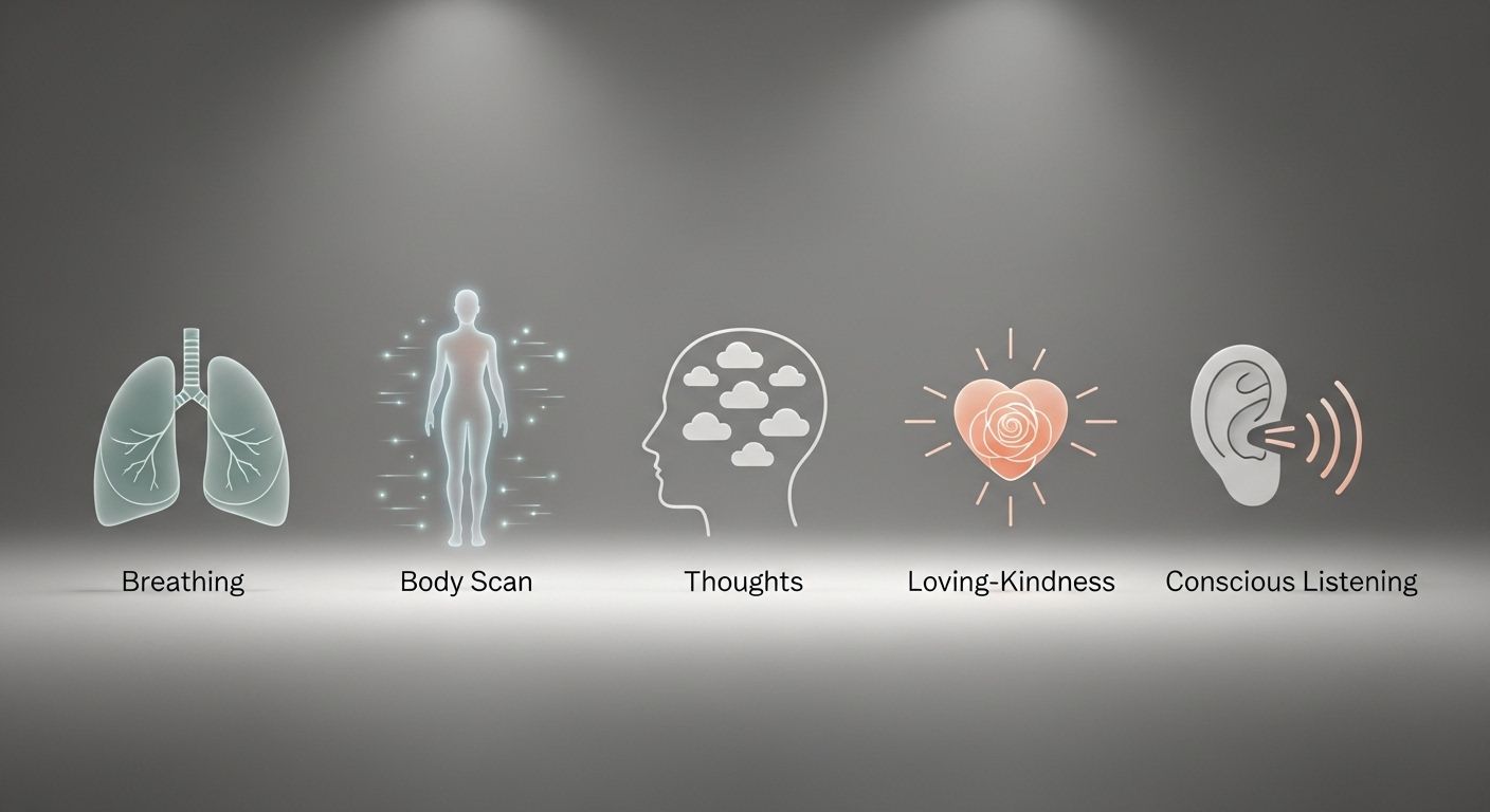 Una secuencia de cinco íconos o ilustraciones minimalistas, cada uno representando una de las técnicas de mindfulness: un par de pulmones para la respiración, una silueta humana para el body scan, una cabeza con nubes pasando para los pensamientos, un corazón para la bondad amorosa y una oreja para la escucha consciente.