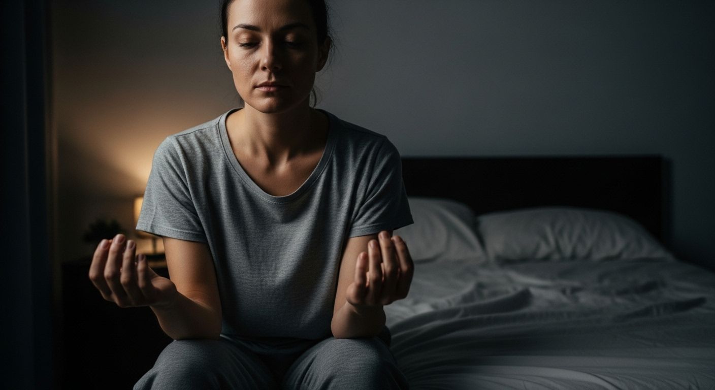 Una persona sentada tranquilamente en el borde de su cama en una habitación oscura, practicando una respiración consciente. Su postura es relajada y su rostro está sereno, mostrando cómo se puede usar el mindfulness para gestionar los despertares nocturnos.