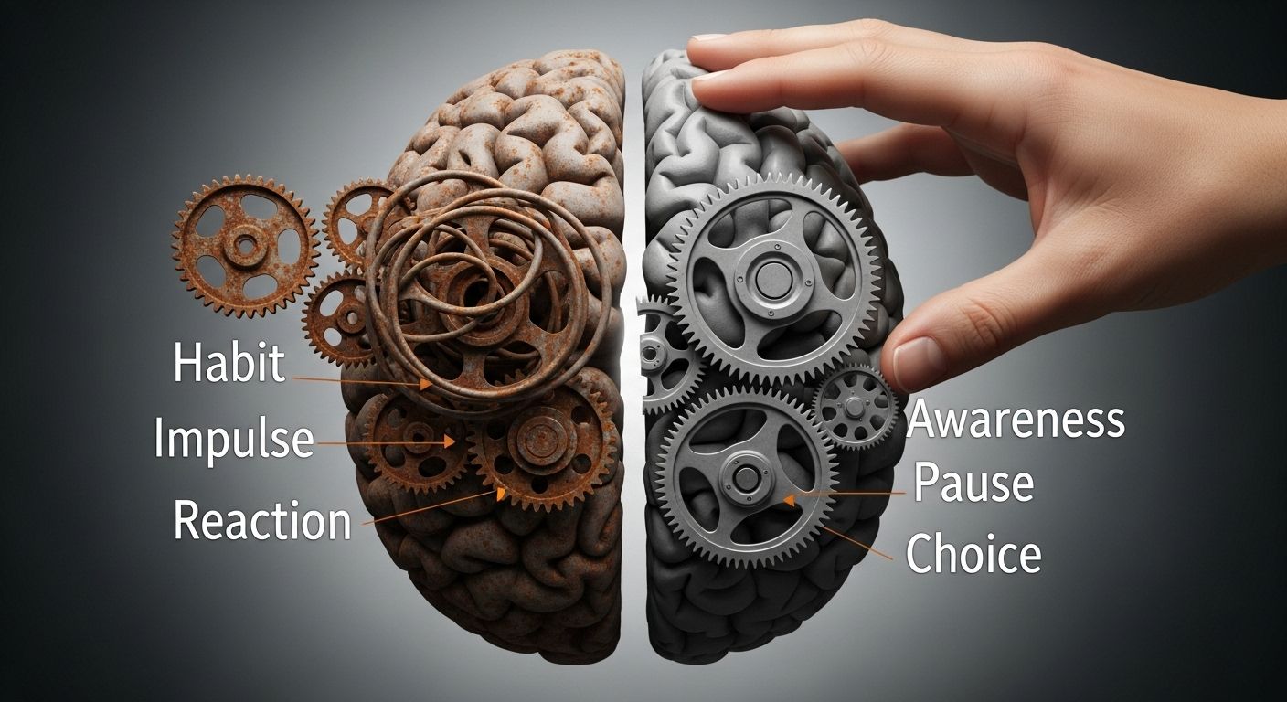 Una ilustración conceptual que muestra el cerebro. En un lado, se ven engranajes oxidados y enredados etiquetados como "Hábito", "Impulso", "Reacción". En el otro lado, los mismos engranajes están limpios, bien aceitados y una mano los está reordenando conscientemente, etiquetados como "Conciencia", "Pausa", "Elección".