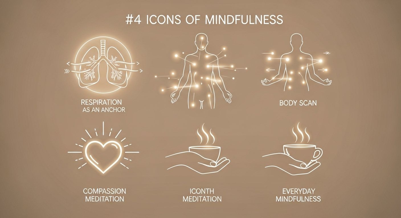 Una serie de cuatro íconos minimalistas y elegantes. El primero muestra unos pulmones con flechas indicando el flujo de aire (Respiración como Ancla). El segundo muestra la silueta de un cuerpo humano con destellos de luz moviéndose a través de él (Escaneo Corporal). El tercero muestra un corazón irradiando luz (Meditación de la Compasión). El cuarto muestra una taza de té humeante sostenida con ambas manos (Atención Plena Cotidiana).