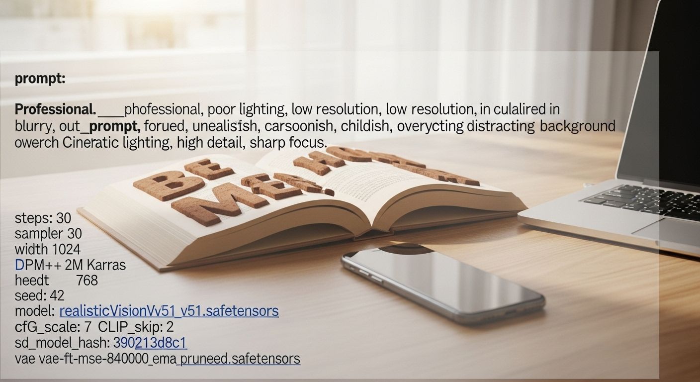 Un libro abierto con páginas marrones y texturizadas y una tipografía única, similar a "Be Here Now", descansa sobre un moderno escritorio de madera junto a un smartphone y un ordenador portátil. La pantalla del teléfono está oscura, sugiriendo que ha sido apartada. La luz del sol entra por una ventana, iluminando el libro.