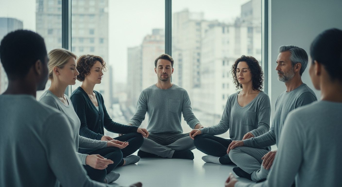 Un grupo diverso de personas de diferentes edades y etnias sentadas juntas en un círculo de meditación pacífico en una habitación moderna y minimalista con grandes ventanales que dan a una ciudad bulliciosa. Tienen los ojos cerrados y expresiones serenas.