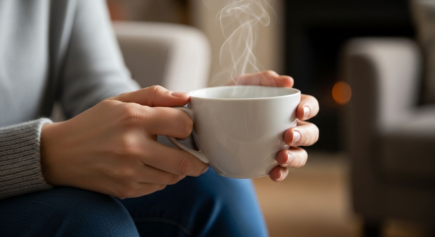 Un primer plano de las manos de una persona sosteniendo suavemente una taza de té caliente. El fondo está suavemente desenfocado, mostrando una acogedora sala de estar. El enfoque está en el acto simple y presente de disfrutar de un momento de tranquilidad.