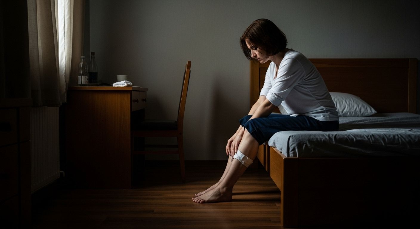 Una imagen fotorrealista y dramática de una persona sentada desplomada en una habitación con poca luz, con aspecto derrotado y los puños apretados sobre las rodillas. La atmósfera es pesada y desesperanzadora.