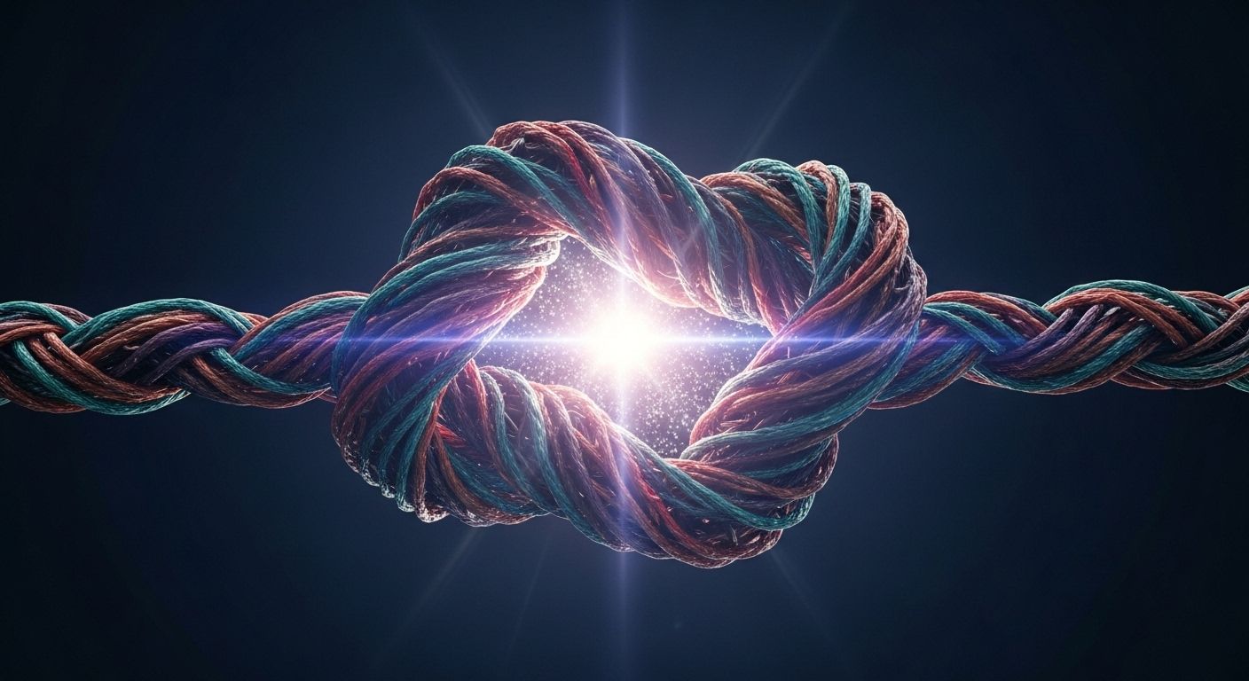 Una imagen fotorrealista y vibrante de un hermoso e intrincado nudo que se desata lenta y mágicamente, con una luz que emana del centro. Esto simboliza la liberación de la energía y la complejidad.