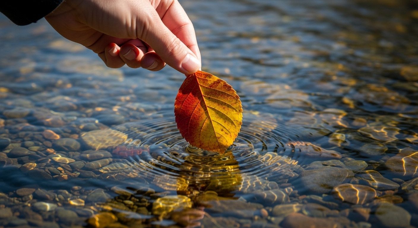 Un primer plano fotorrealista de una mano soltando suavemente una sola hoja de otoño en un arroyo tranquilo, simbolizando el acto de dejar ir.