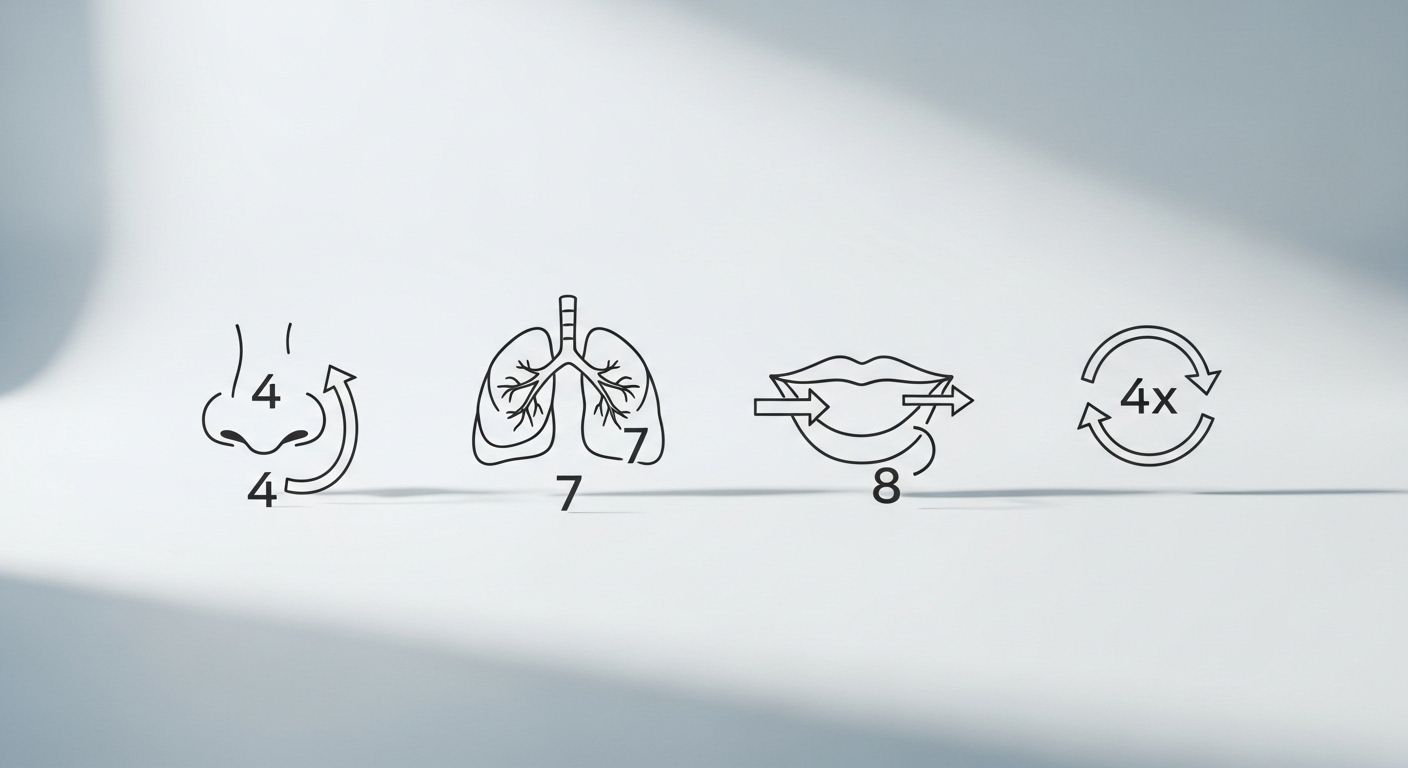 Una infografía elegante y clara que muestra los 4 pasos de la respiración 4-7-8 con iconos simples: una nariz con una flecha hacia adentro y el número 4, unos pulmones reteniendo aire con el número 7, una boca con una flecha hacia afuera y el número 8, y un icono de repetición con el número 4x.
