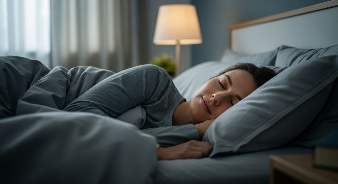 Una persona durmiendo plácidamente en una cama cómoda y oscura, con una leve sonrisa en su rostro, simbolizando un sueño profundo y reparador.