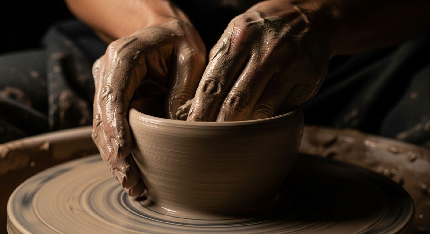 Un primer plano de las manos de un alfarero, cubiertas de arcilla, dando forma con delicadeza a un cuenco en un torno. La imagen debe capturar el movimiento y la concentración, simbolizando la creación a partir de un material sin forma, la apertura a las posibilidades.
