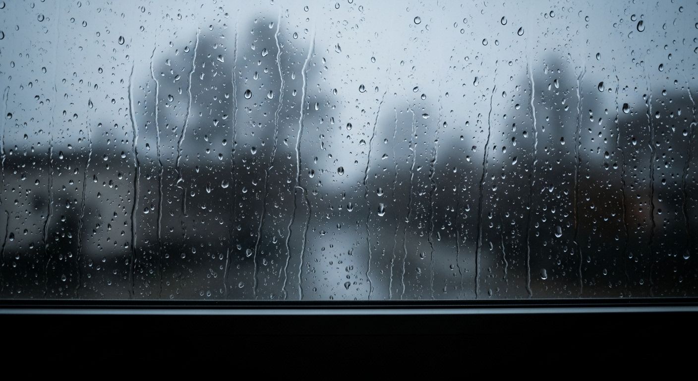 Una vista desde dentro de una habitación, mirando a través de una ventana en un día de lluvia. Las gotas de lluvia corren por el cristal, desenfocando el mundo exterior. La escena transmite una sensación de melancolía pacífica y la belleza de observar el momento presente tal como es.