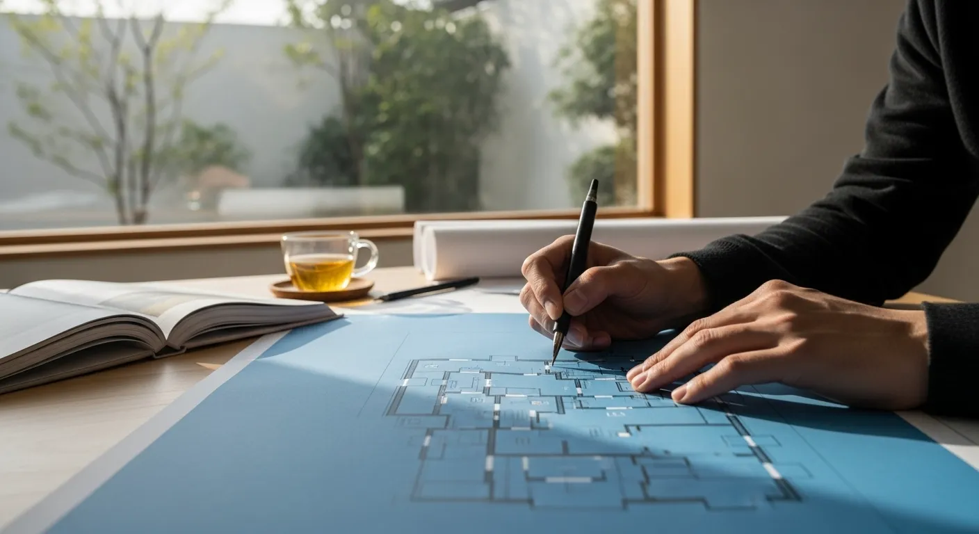 Estilo Arquitecto del Carácter, minimalismo cálido, manos trabajando sobre un plano arquitectónico azul complejo, luz natural suave entrando por una ventana lateral, enfoque nítido en el grafito del lápiz, atmósfera de concentración serena, 8k.