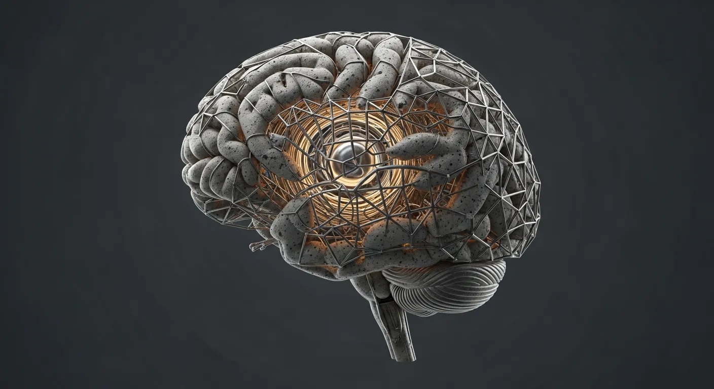 Estilo Arquitecto del Carácter, render 3D artístico de un cerebro humano fusionado con estructuras de hormigón y acero, iluminación dramática pero limpia, fondo neutro, mostrando la conexión brillante entre el lóbulo frontal y el centro del cerebro, alta resolución.