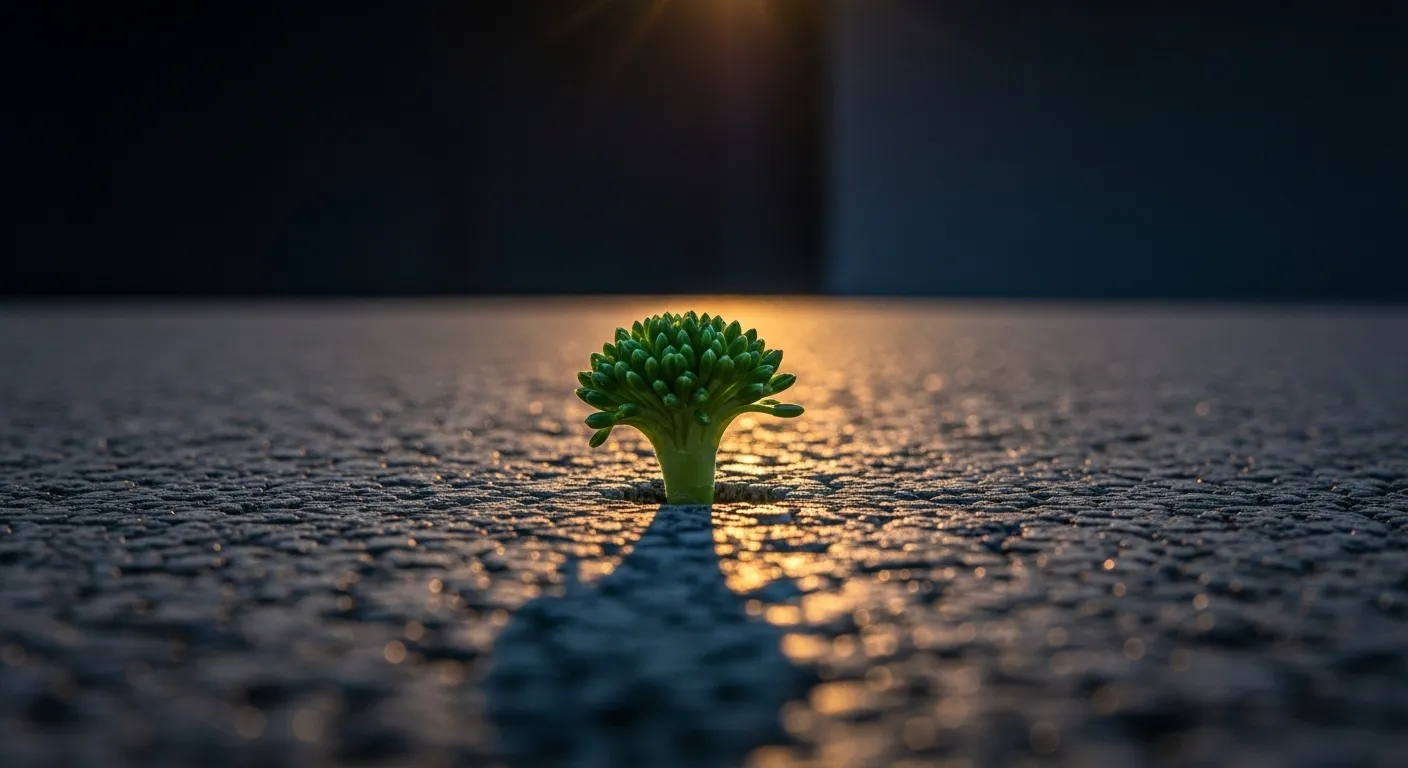 Estilo Arquitecto del Carácter, fotografía macro de una planta verde brotando a través de una grieta en hormigón sólido, contraste de texturas, luz del amanecer, gotas de rocío, simbolizando resiliencia y antifragilidad, cinematográfico.
