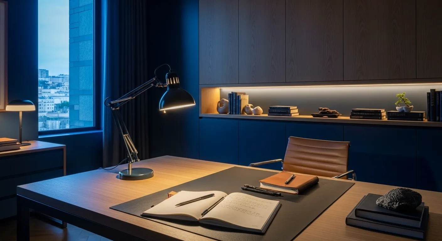 Estilo Arquitecto del Carácter, interior de un estudio moderno al anochecer, lámpara de escritorio encendida iluminando un diario de cuero abierto y una pluma estilográfica, ambiente de reflexión tranquila, tonos azules y ámbar, ultra realista.