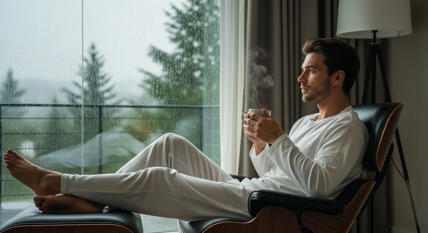 Escena fotorrealista en plano medio. Un hombre joven vestido con ropa de lino minimalista y cómoda, sentado en un sillón moderno de mediados de siglo. Mira por un gran ventanal hacia un paisaje lluvioso con una expresión de calma absoluta y una leve sonrisa, sosteniendo una taza de té humeante. La iluminación es suave, interior, contrastando con el clima exterior. Transmite paz en medio de la tormenta.