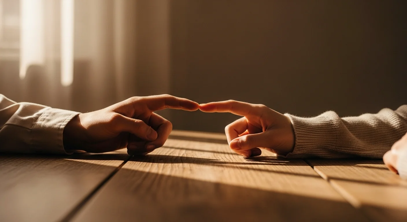 Fotografía macro artística 8k. Dos manos de personas diferentes rozándose apenas las yemas de los dedos sobre una mesa de madera rústica. La luz entra lateralmente creando texturas profundas. No se agarran, solo se tocan suavemente, simbolizando conexión sin posesión. Tonos cálidos, beige y madera natural.