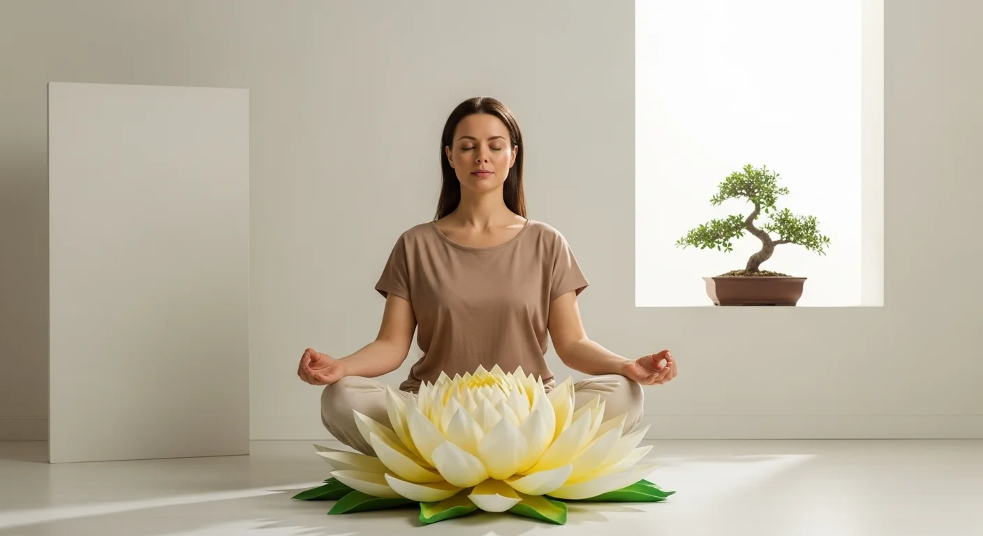 Retrato cinematográfico de una mujer practicando meditación en una habitación minimalista y ordenada. Luz natural blanca y suave inunda el espacio. Ella tiene los ojos cerrados y una expresión de serenidad concentrada. Alrededor de ella, el espacio está despejado, simbolizando una mente clara. Estilo visual limpio, simétrico y elegante.
