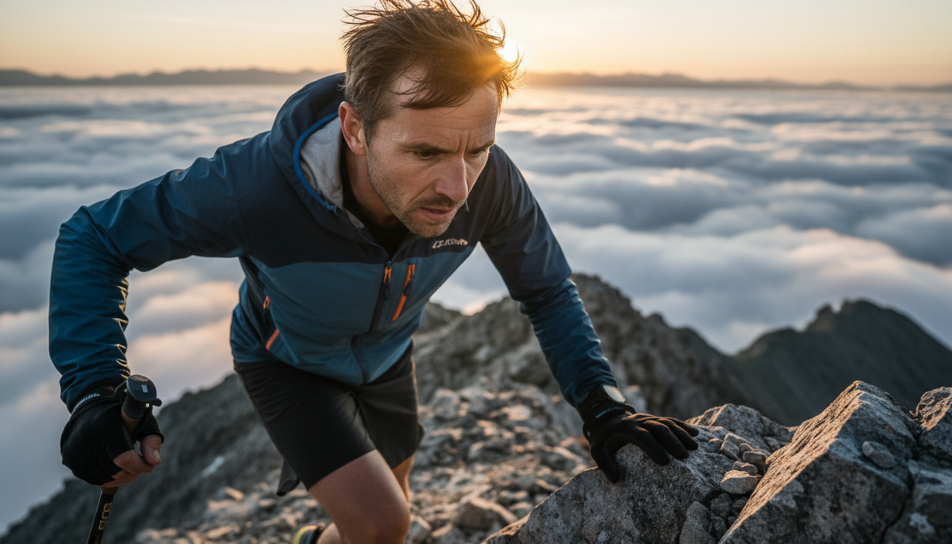 Primer plano cinematográfico de un corredor de montaña en una cresta técnica a gran altitud, nubes por debajo, expresión de concentración absoluta, ojos fijos en el siguiente paso, luz de atardecer alpino.
