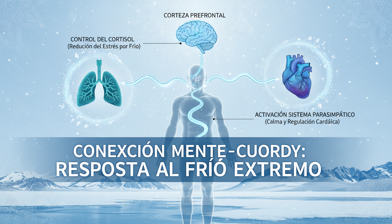 Infografía técnica que muestra la conexión entre el cerebro (Corteza Prefrontal) y los pulmones/corazón, con etiquetas sobre el control del cortisol y la activación del sistema parasimpático en condiciones de frío extremo.