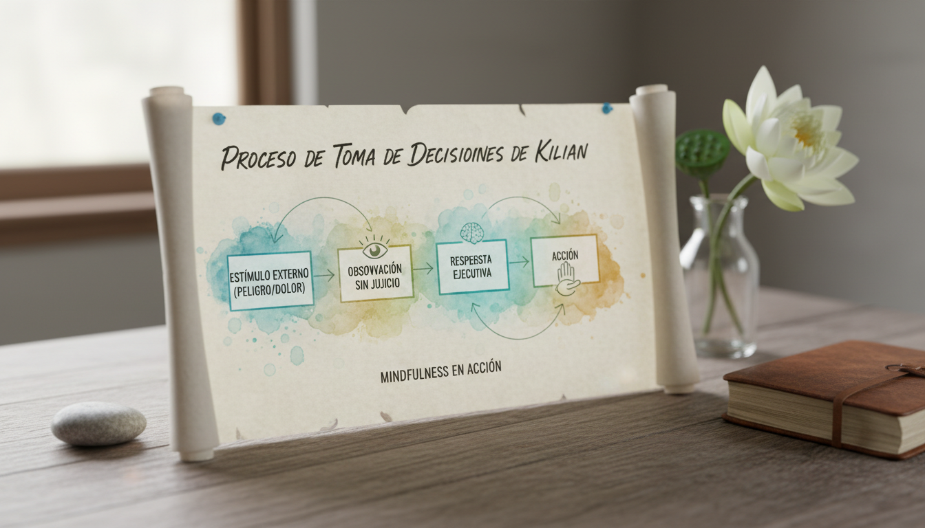 Diagrama de flujo que muestra el proceso de toma de decisiones de Kilian: Estímulo Externo (Peligro/Dolor) -> Observación sin Juicio -> Respuesta Ejecutiva -> Acción.