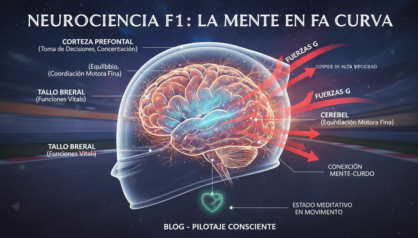 Infografía técnica del cerebro de un piloto de F1 mostrando la activación de la corteza prefrontal y el cerebelo durante una curva de alta velocidad, con vectores de fuerza G indicados en rojo