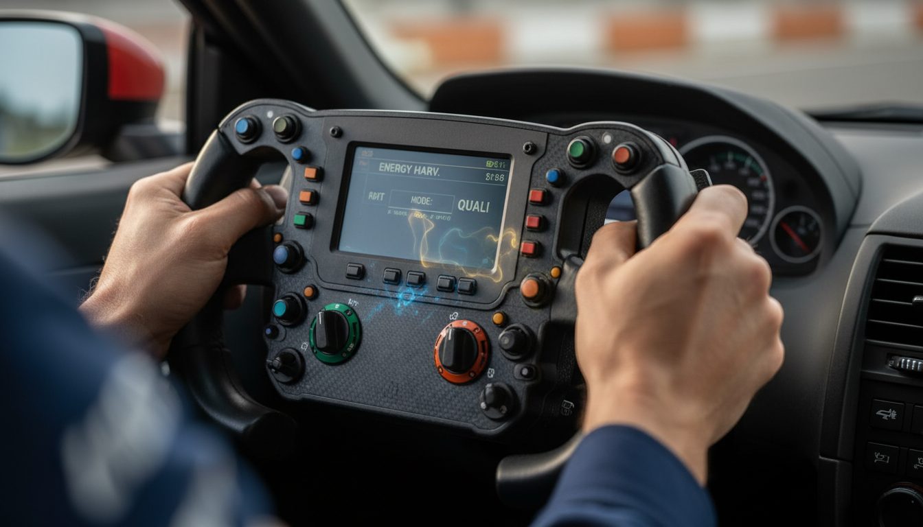 Primer plano del volante de un F1 con sus múltiples botones y diales, con un foco de profundidad que resalta la tensión controlada en los dedos del piloto