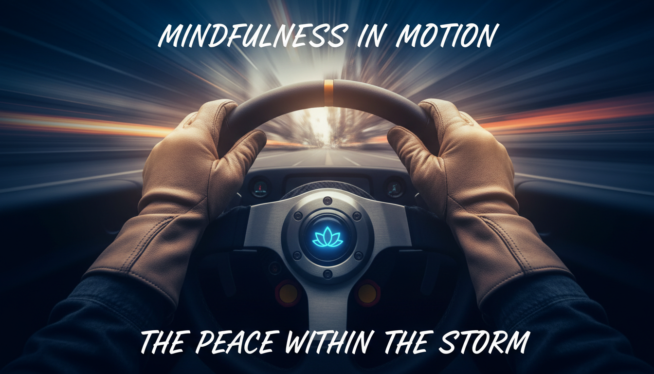 Una toma artística desde el casco del piloto, donde el mundo exterior está borroso por la velocidad pero las manos sobre el volante están perfectamente nítidas y en calma