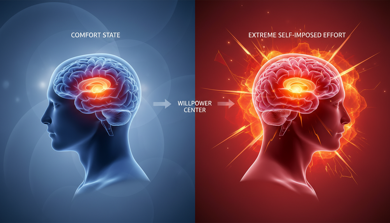 Infografía técnica que muestra un cerebro humano resaltando la corteza cingulada anterior media (cAMC) como el centro de la fuerza de voluntad, comparando un estado de confort frente a un estado de esfuerzo extremo autoinfligido