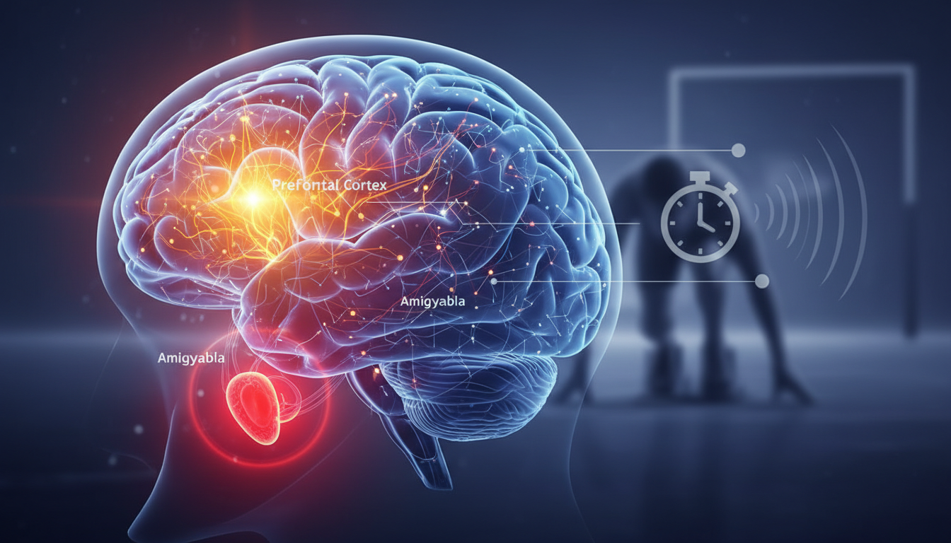 Infografía técnica de un cerebro en estado de alerta máxima, resaltando la corteza prefrontal y la amígdala durante un momento de alta presión deportiva