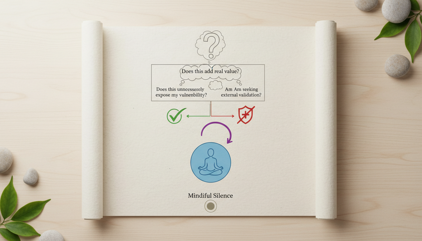 Diagrama de flujo de decisión: ¿Debo compartir esto? Pasos: 1. ¿Aporta valor real? 2. ¿Expone mi vulnerabilidad innecesariamente? 3. ¿Busco validación externa? Si la respuesta a la 3 es sí, el diagrama lleva a 
