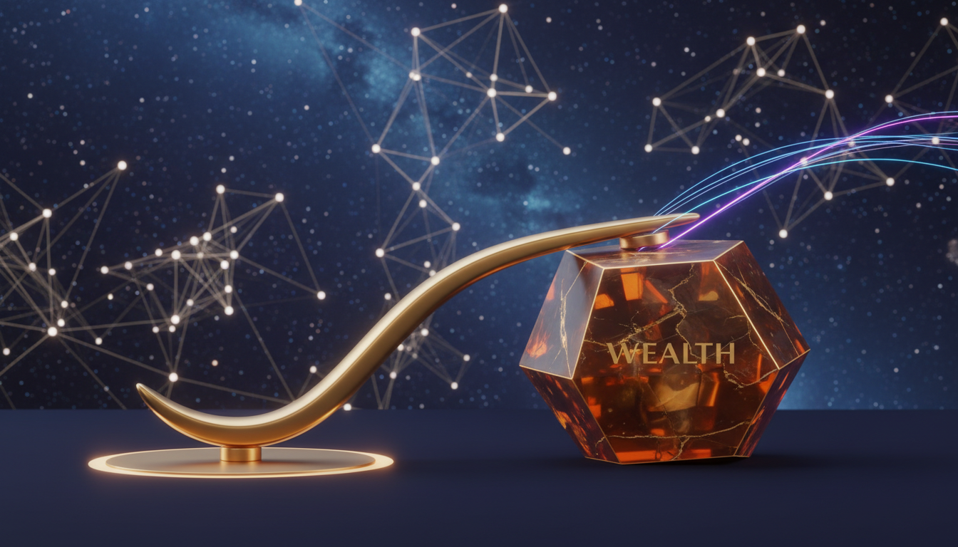 Una representación conceptual de una palanca dorada moviendo un bloque geométrico pesado que representa la 'Riqueza' contra un fondo de nodos digitales y estrellas, diseño minimalista y elegante.