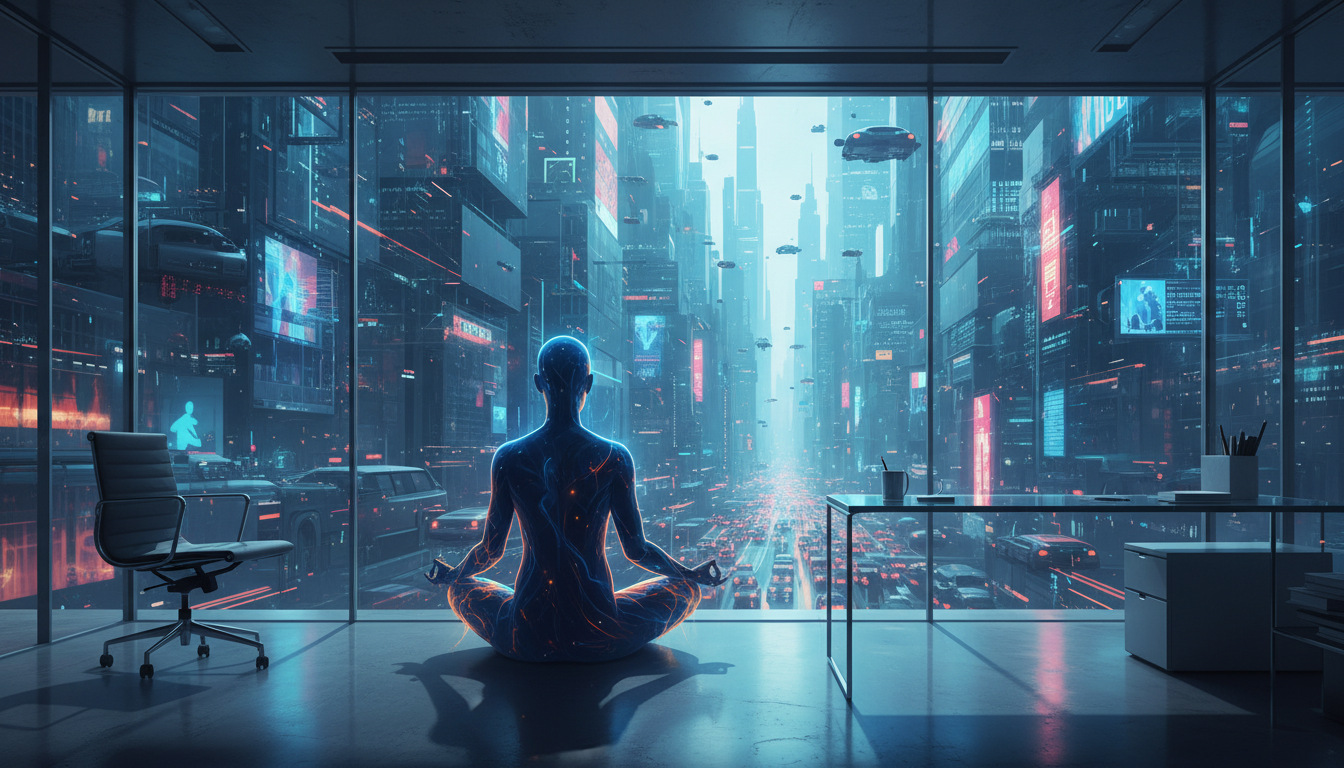 Una silueta humana en postura de meditación de loto dentro de una oficina de cristal minimalista, fuera se ve una ciudad caótica y tecnológica, la silueta es traslúcida y serena, tonos azules profundos y ámbar.