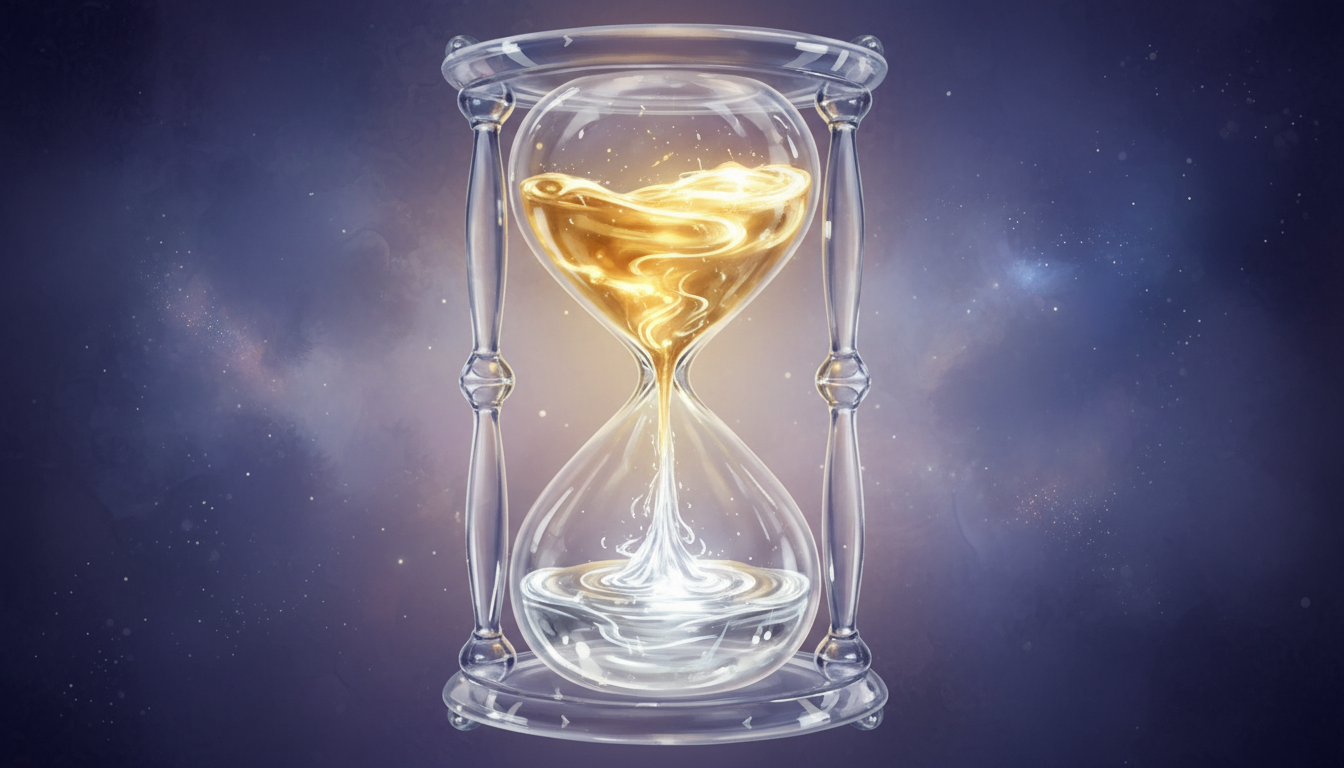 Un reloj de arena donde la arena se transforma en luz líquida al caer, simbolizando la conversión del tiempo y el pensamiento en presencia pura, 4k hiper-detallado.