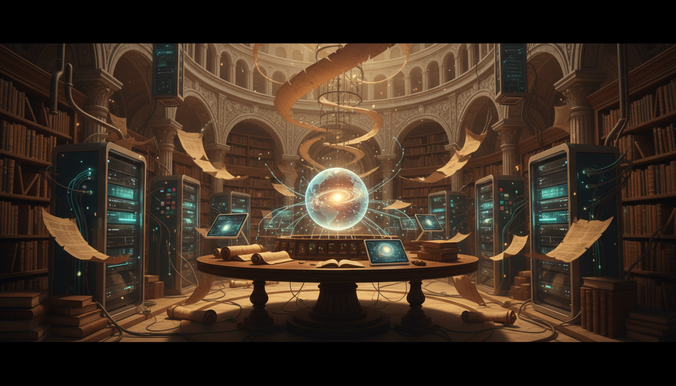 Una biblioteca antigua con pergaminos que se funden con servidores de datos modernos, luz ámbar cálida, atmósfera de sabiduría perenne a través de las eras.