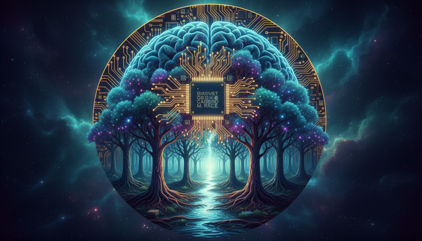 El cerebro humano representado como un circuito integrado que se funde con un bosque de neuronas que parecen árboles, simbolizando la unión de la tecnología y la conciencia biológica.