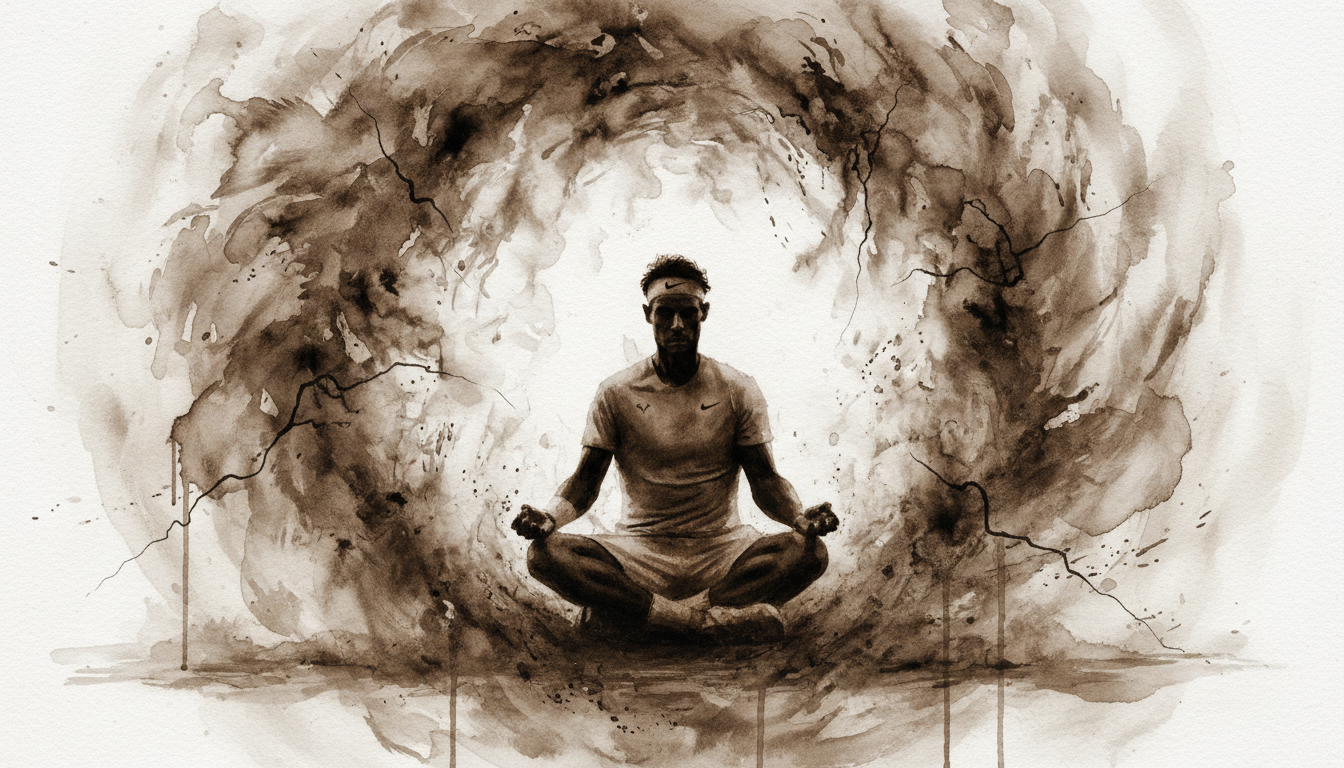 Rafael Nadal's silhouette in a meditative stance amidst a storm of clay dust, symbolizing calmness in chaos, monochrome high contrast, dramatic lighting.