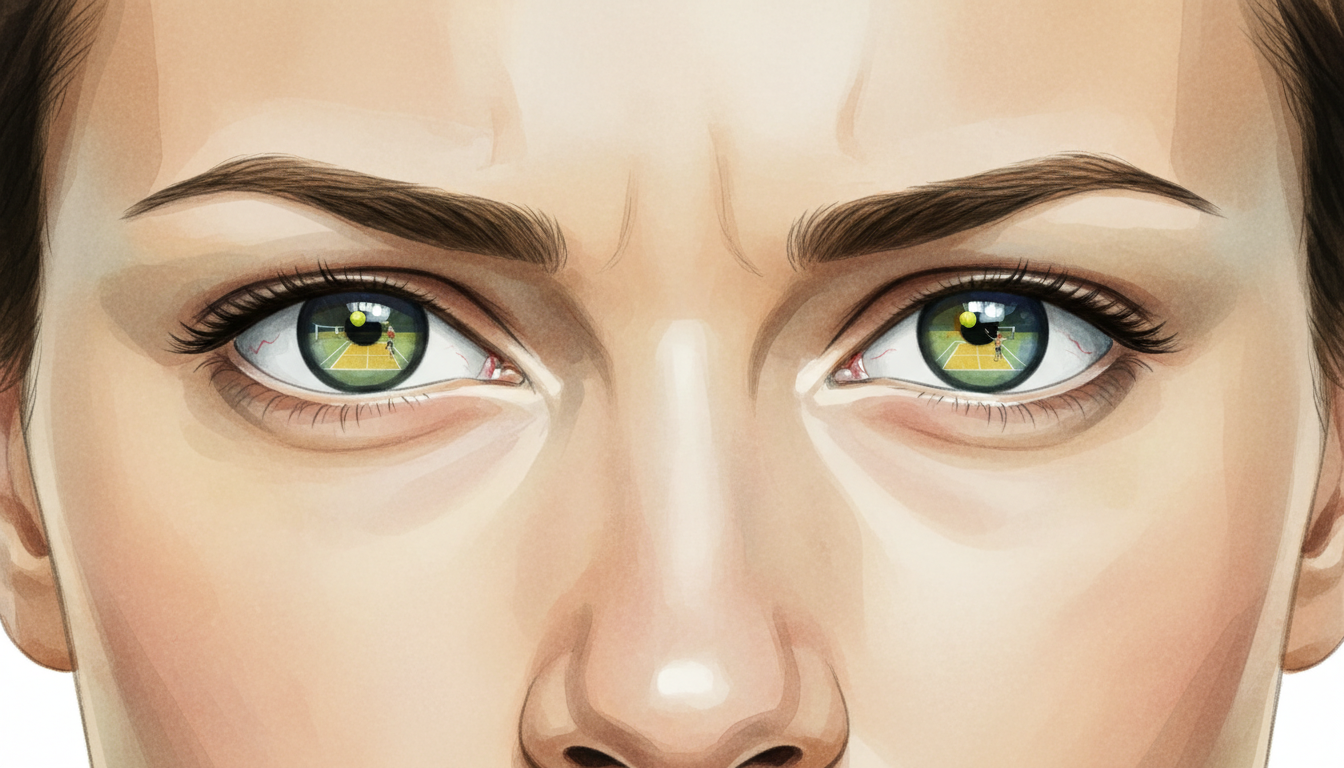 Close up of an athlete's eyes focusing on a target, reflections of a tennis court in the pupils, hyper-detailed, photorealistic, 8k.