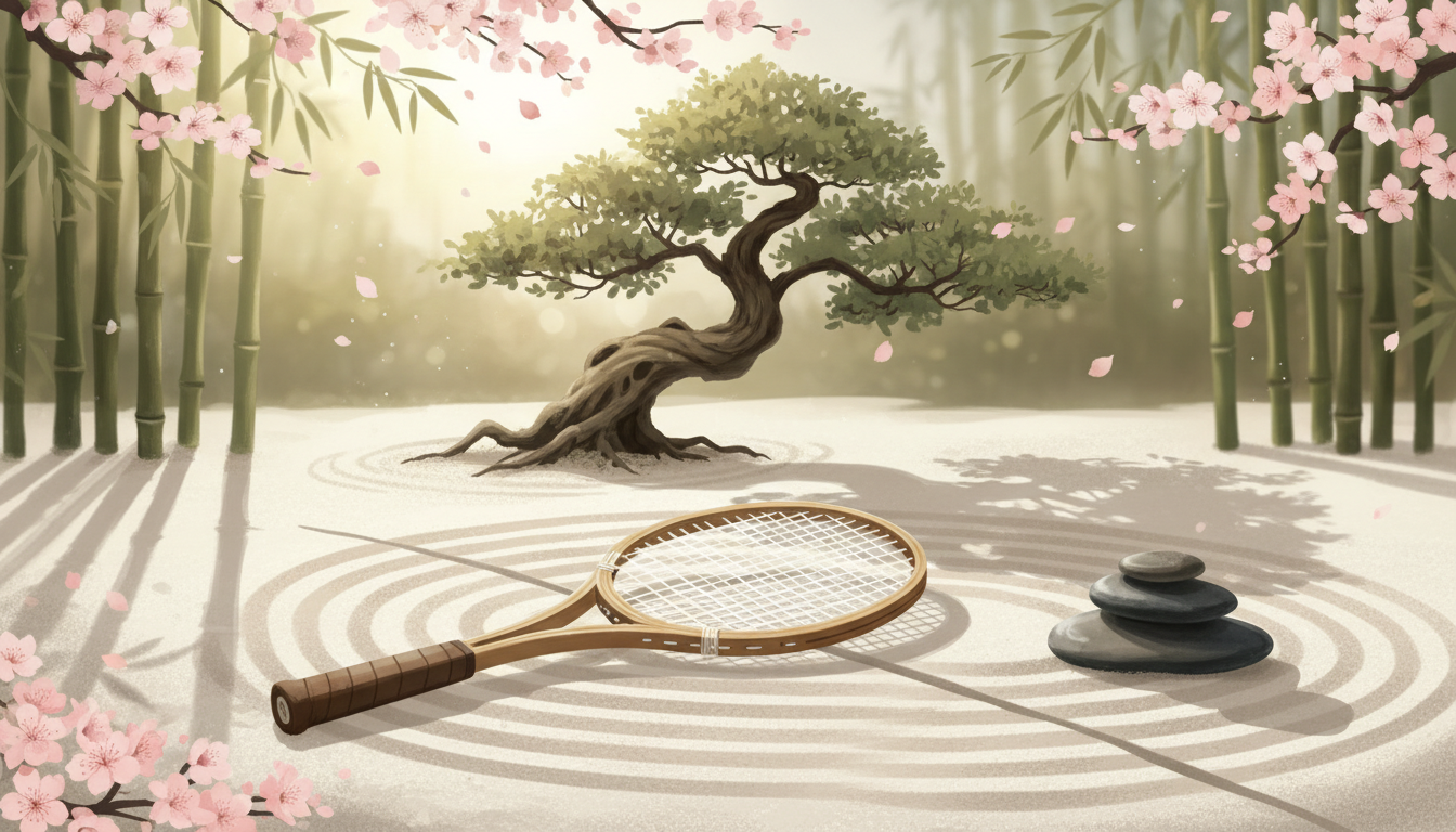 Zen garden aesthetic with a tennis racquet resting on raked sand, symbolizing the union of sport and meditation, soft natural lighting, peaceful atmosphere.
