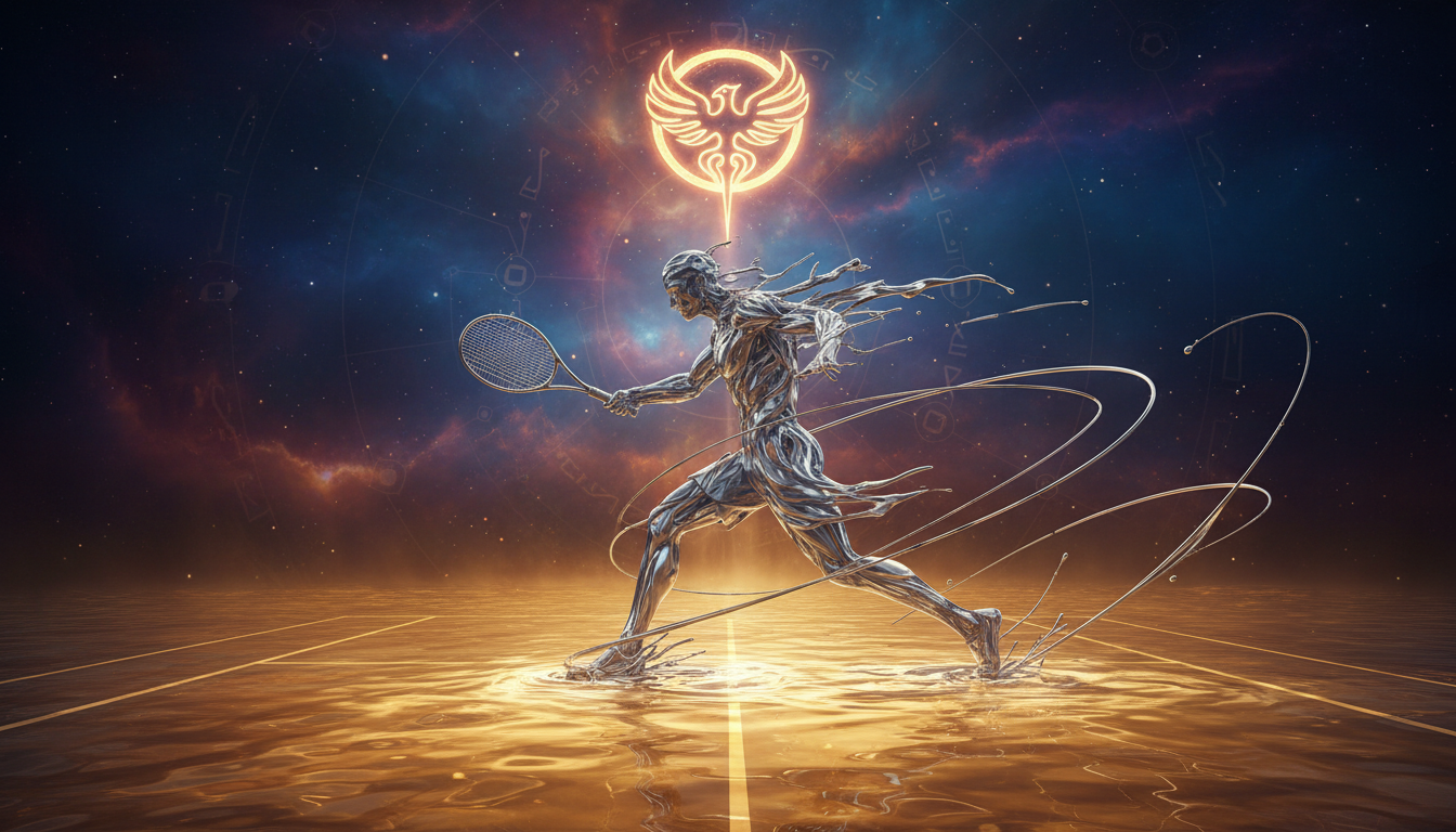 A conceptual art piece showing a tennis player composed of liquid steel, moving with fluid precision on a golden court, symbolizing the 'Ritual of Steel', ethereal and powerful.