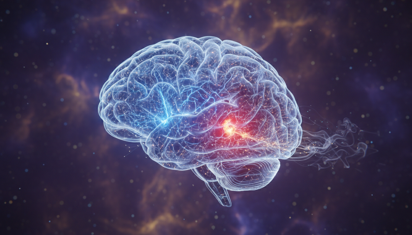 Una visualización 3D de un cerebro humano con áreas iluminadas en azul eléctrico representando la corteza prefrontal activa y áreas en rojo apagándose que representan la amígdala, mostrando la interacción de la neuroplasticidad.