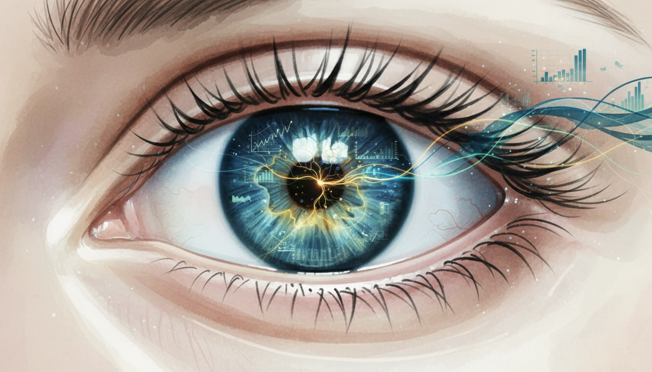 Un primer plano de un ojo humano reflejando una gráfica de datos complejos, con una expresión de calma absoluta, simbolizando la claridad mental en medio del caos informativo.